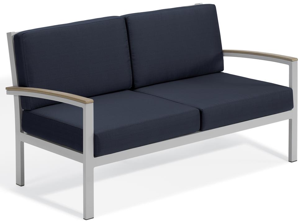 Travira Right Arm Outdoor Loveseat with Midnight Blue Cushions