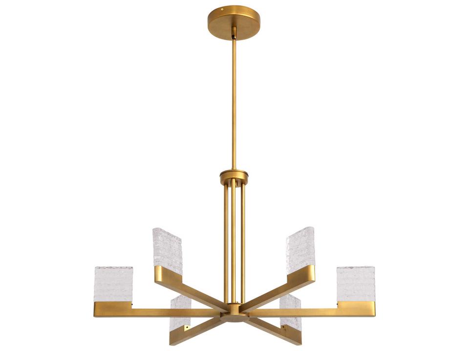 Gamma 6-Light Brushed Brass Geometric Linear Chandelier with Textured Glass