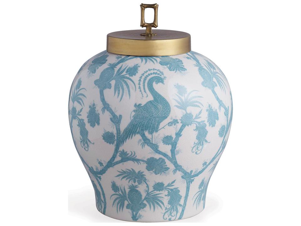 Balinese Peacock Decorative Jar in Turquoise and Cream White