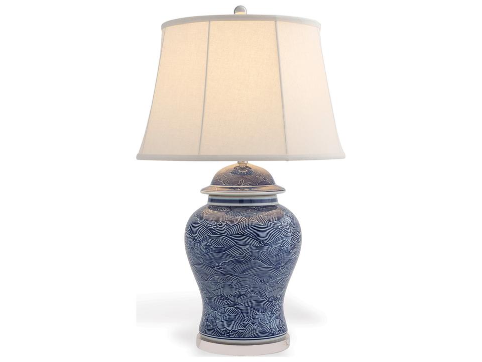 Aegean Blue Table Lamp with Wave Pattern and Lucite Base 31 Inch
