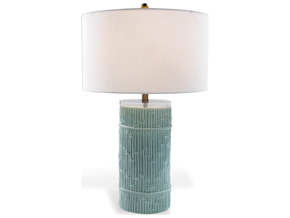Bamboo Cylinder Celadon Table Lamp with Aged Brass Accents