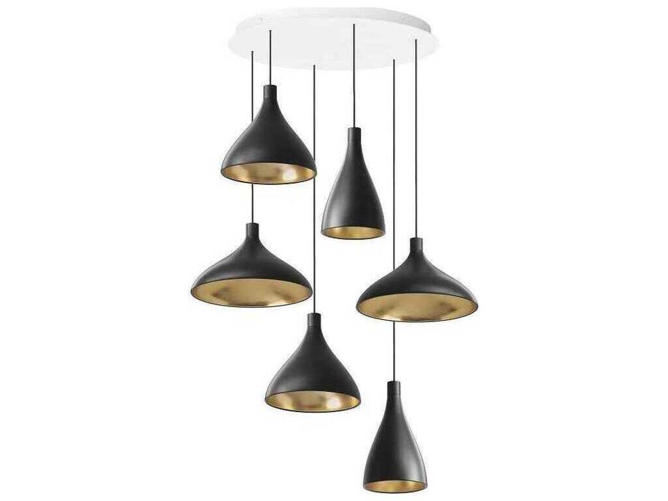 Swell 6-Light Chandelier Modular LED with Spun Aluminum Shades and Brass Interiors