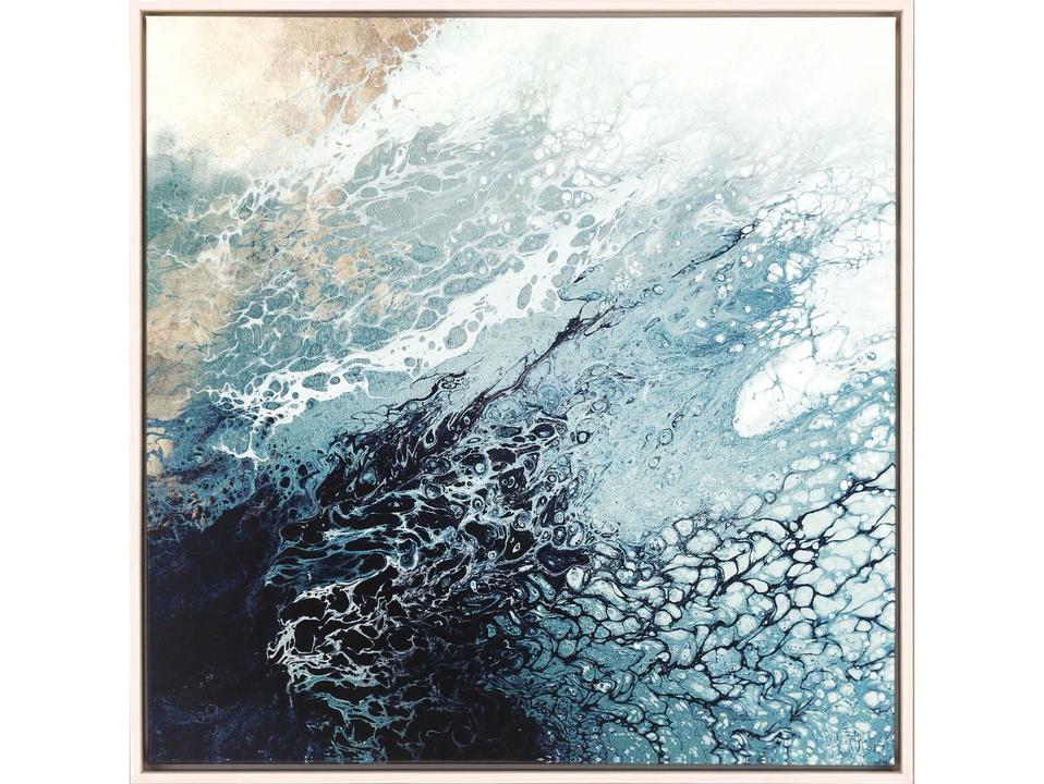Waterside Aveta Blue Abstract Canvas Wall Art with Whitewash Floater Frame