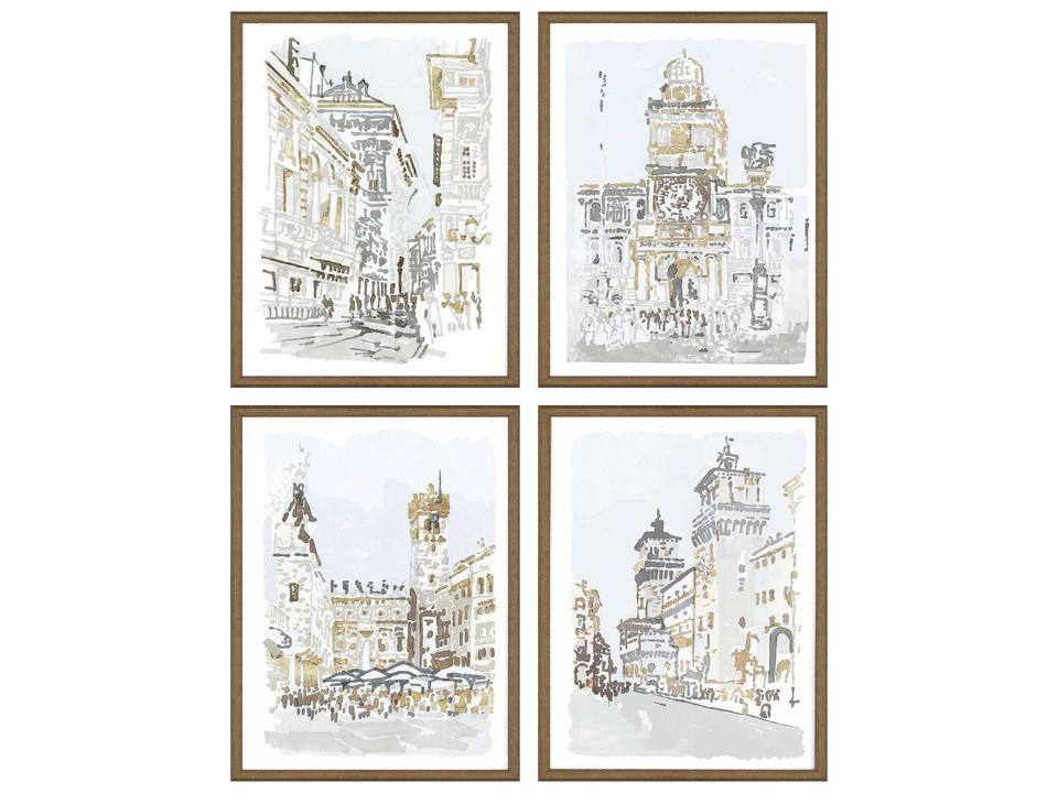 Scenic Street Scenes Wall Art Set of 4 with Antique Gold Frame
