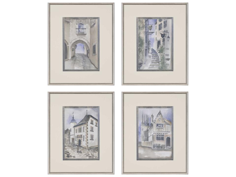 Scenic La Ville-I Wall Art Set of 4 with Silver Wood Frames