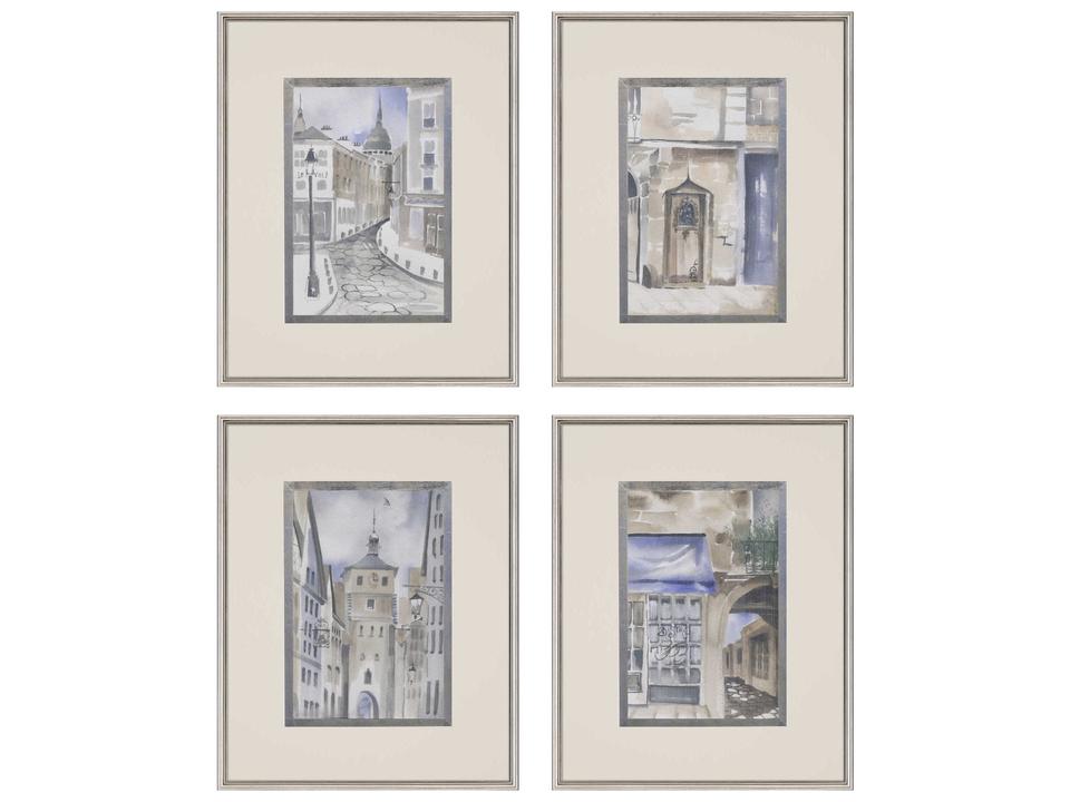 Scenic La Ville-II Framed Wall Art Set of 4 in Silver Wood