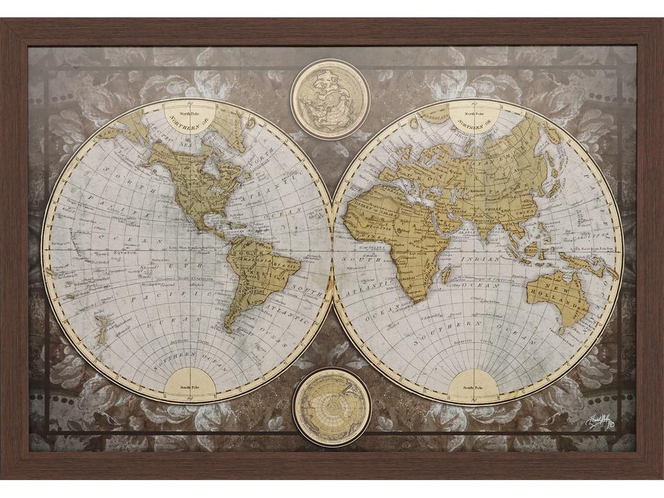 Vintage World Map Framed Art with Distressed Dark Wood Frame