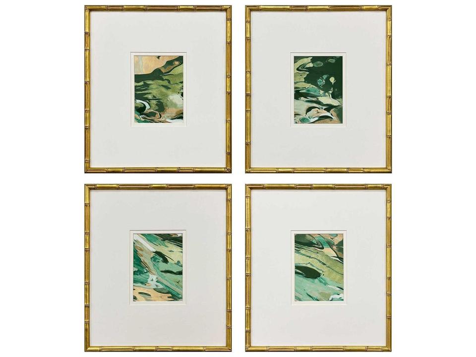 Verdant Fusion 4 Piece Abstract Framed Wall Art Set in Antique Gold