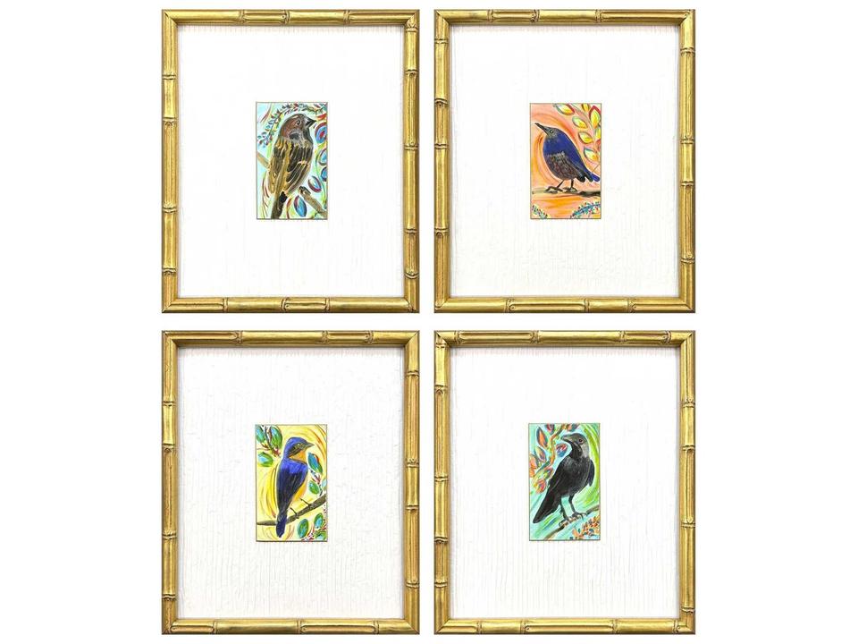 Sassy Birds Framed Art Set of 4 in Blue Orange Yellow Multi