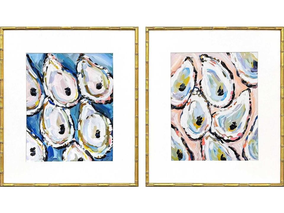 Naturals Oyster Shells Wall Art Set of 2 with Antique Gold Bamboo Frames