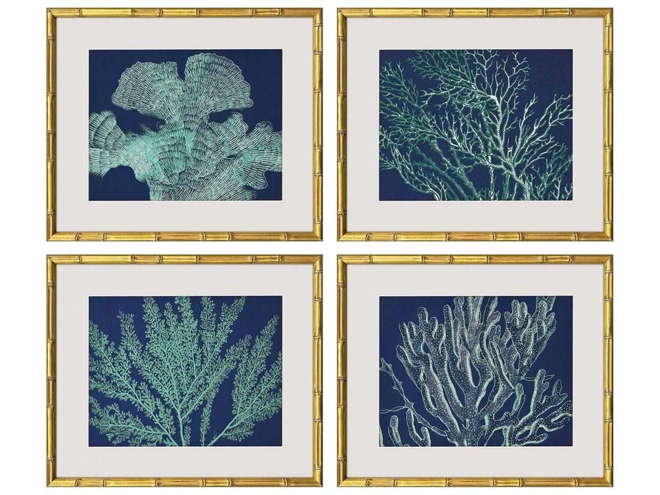 Naturals Sea Garden Wall Art Set of 4 with Antique Gold Bamboo Frames