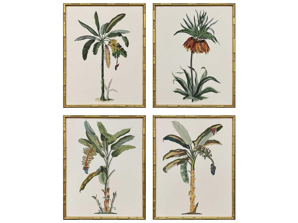 Florals Contemporary Palm-I Wall Art Set of 4 in Antique Gold Bamboo Frame