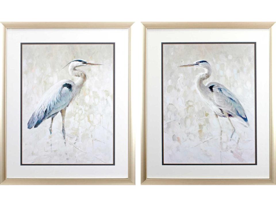 Waterside Great Blue Heron Framed Art Set of 2 with Champagne Frame