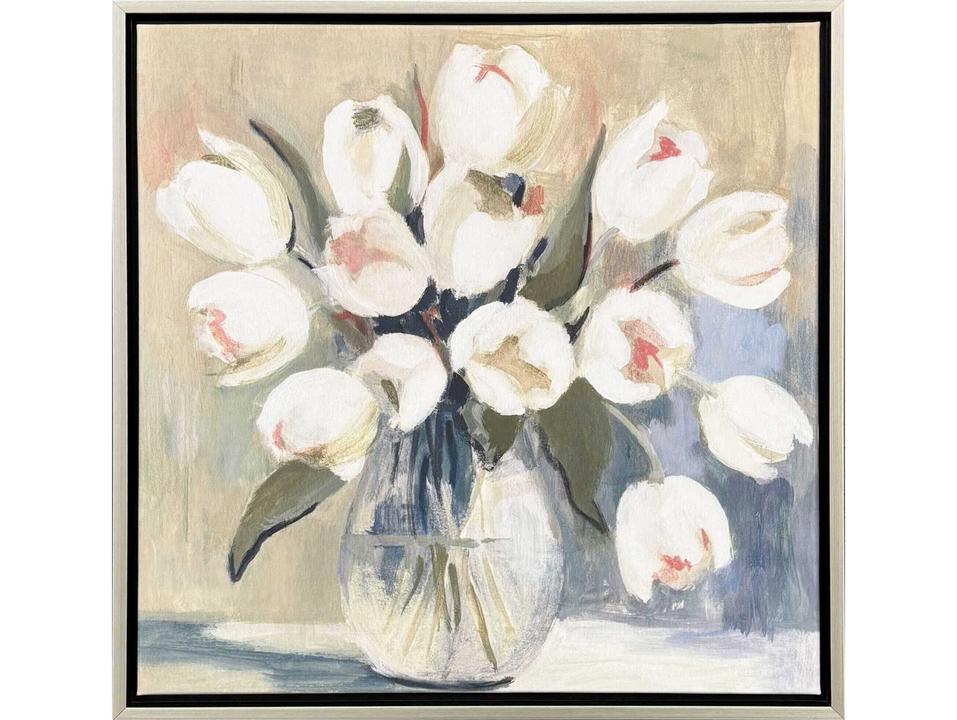 Florals White Tulips Canvas Wall Art with Brushed Silver Floater Frame