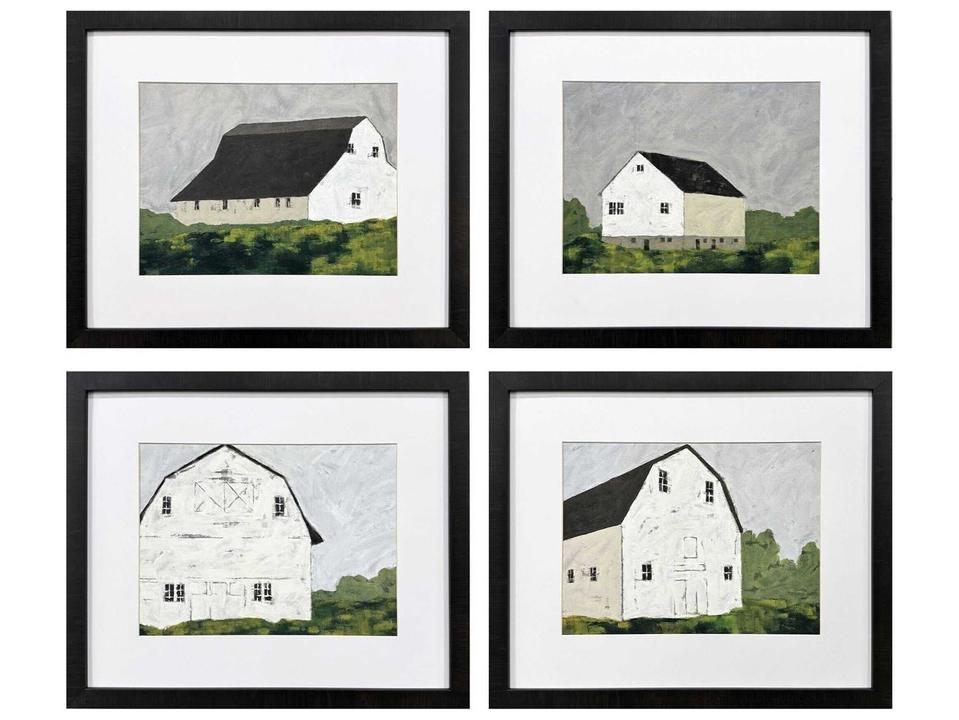 Scenic 4-Piece Wall Art Set Rural Escape Architectural Prints Dark Espresso