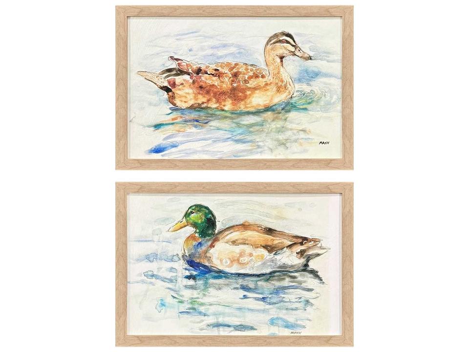 Animals Water Duck Wall Art Set of 2 with Natural Wood Frames