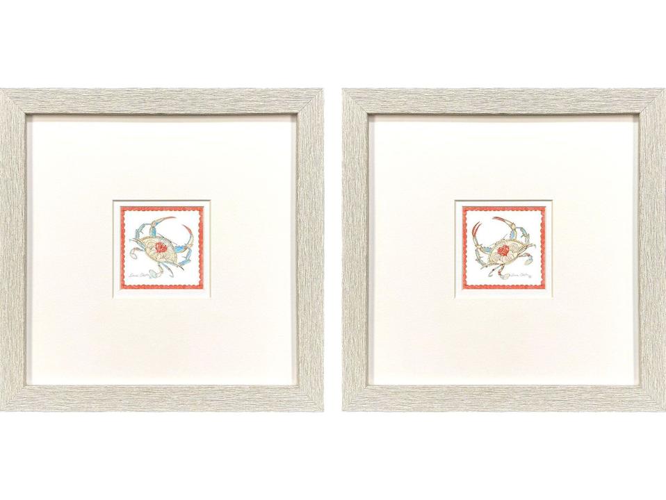 Dreamy Crab 11-Inch Square Framed Wall Art Set of 2 with Distressed Whitewash Frame