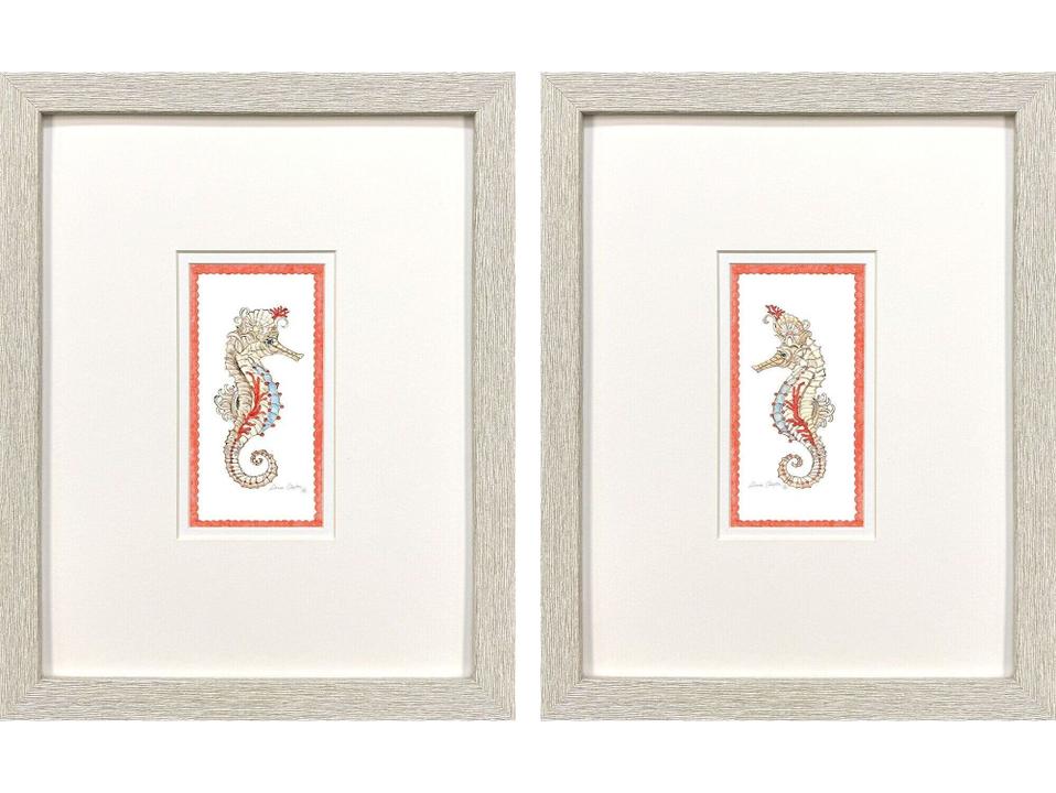 Dreamy Seahorse Framed Art Set of 2 Coastal Whitewash Finish