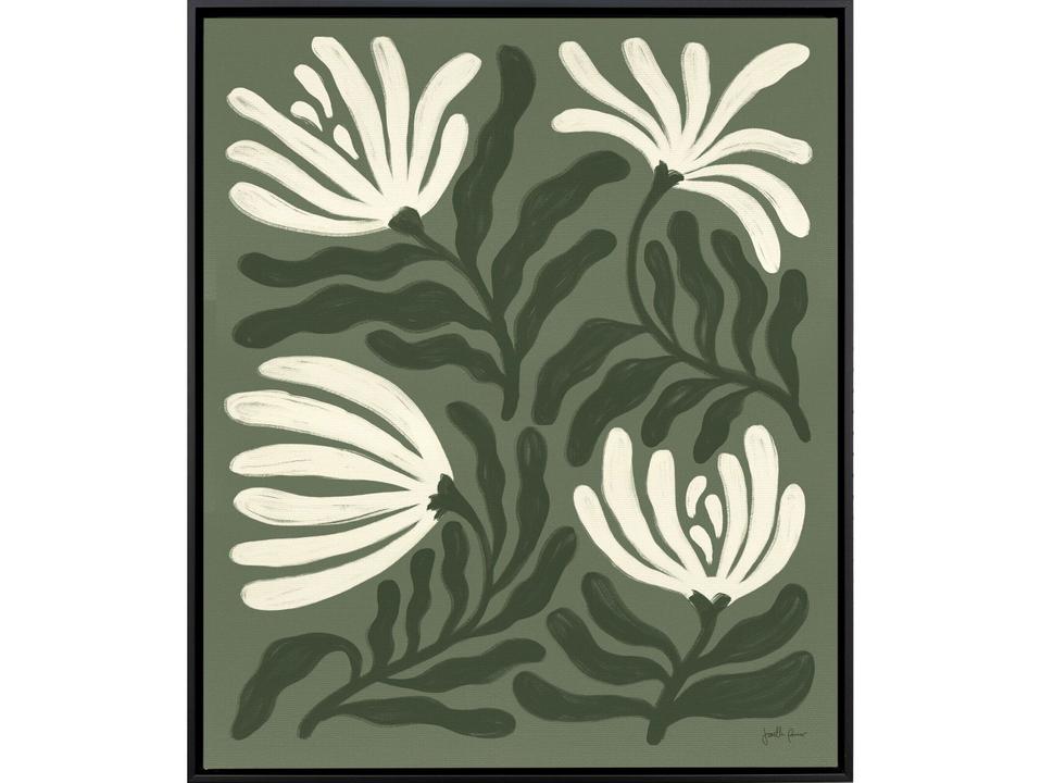 Simple Petals I Canvas Wall Art in Green and Beige with Black Floater Frame