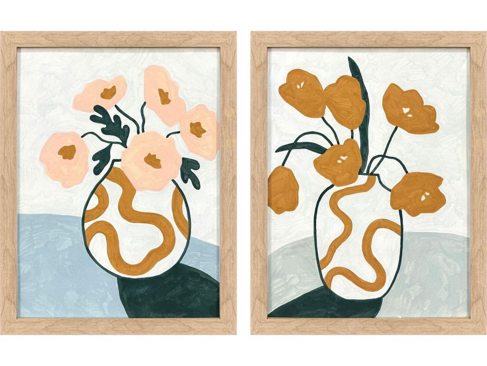 Whimsical Bloom Framed Art Set of 2 in Natural Wood Finish