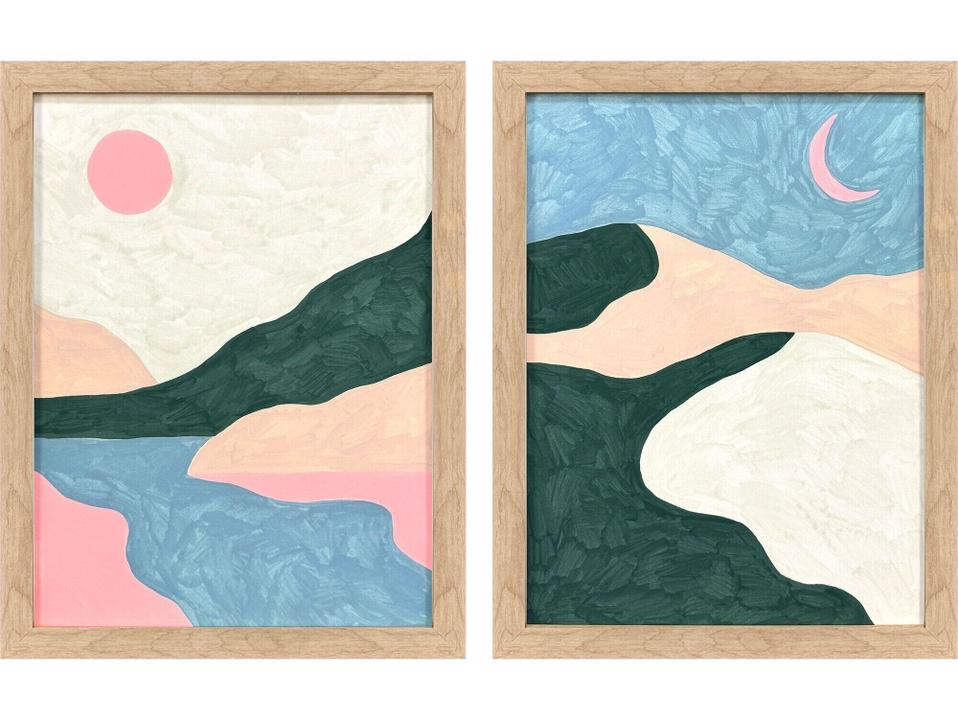 Whimsical Oasis Framed Art Set of 2 Natural Wood Finish