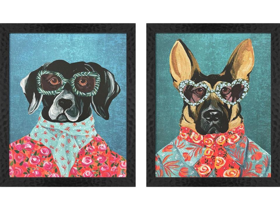 Whimsy Dog I Framed Art Set of 2 with Honeycomb Embossed Black Frame