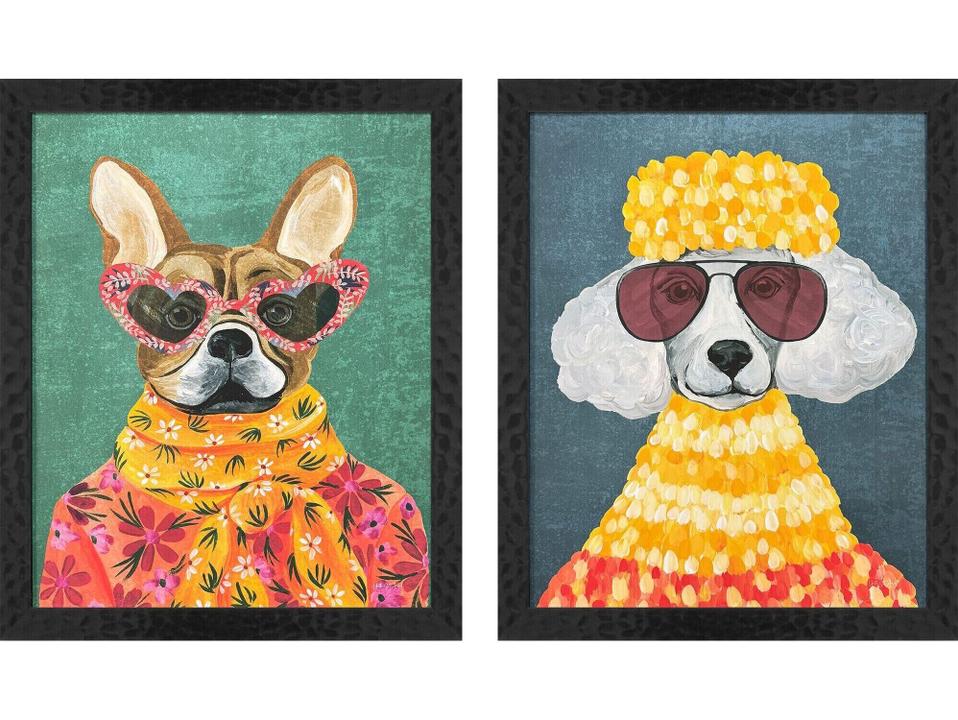 Whimsy Dog II Framed Art Set of 2 with Lacquered Black Frame