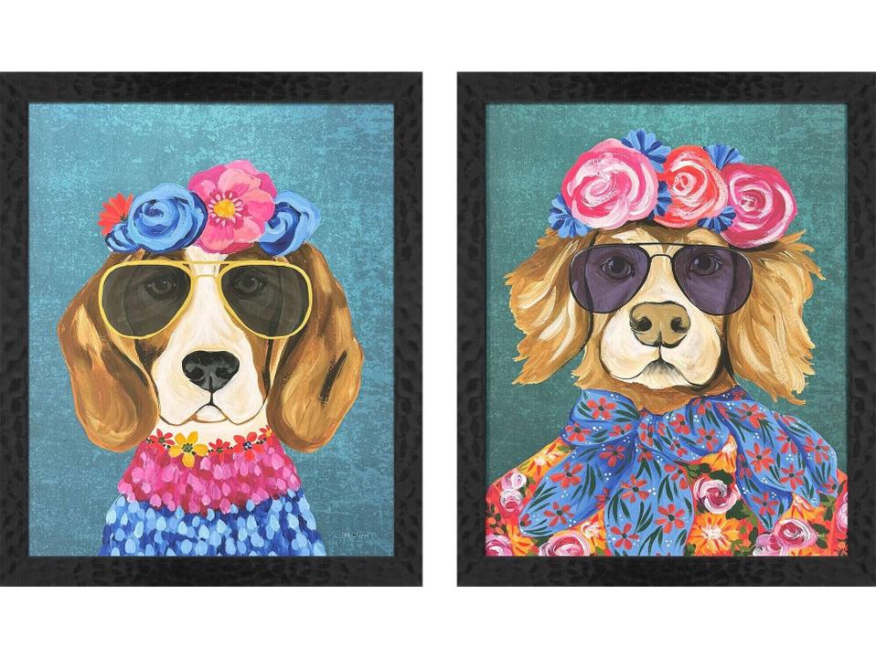 Whimsy Dog III Framed Art - Set of 2 with Lacquered Black Frame