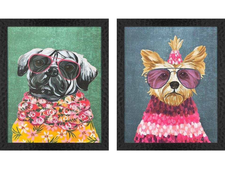 Whimsy Dog IV Framed Art Set of 2 with Black Honeycomb Frame