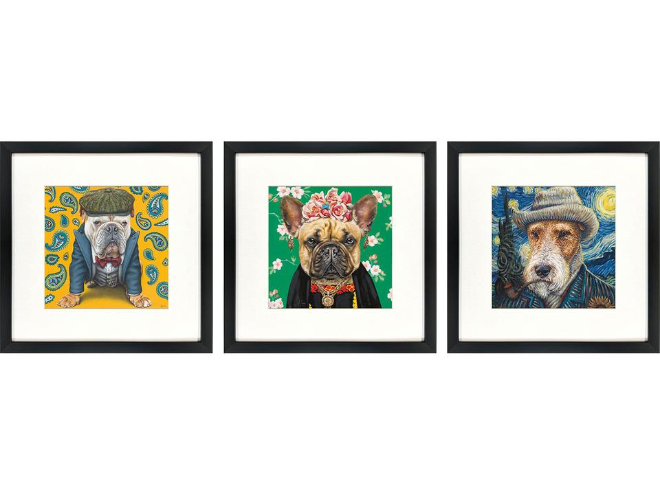 Master Dogs I Set of 3 Framed Art with Black Frame and White Matting