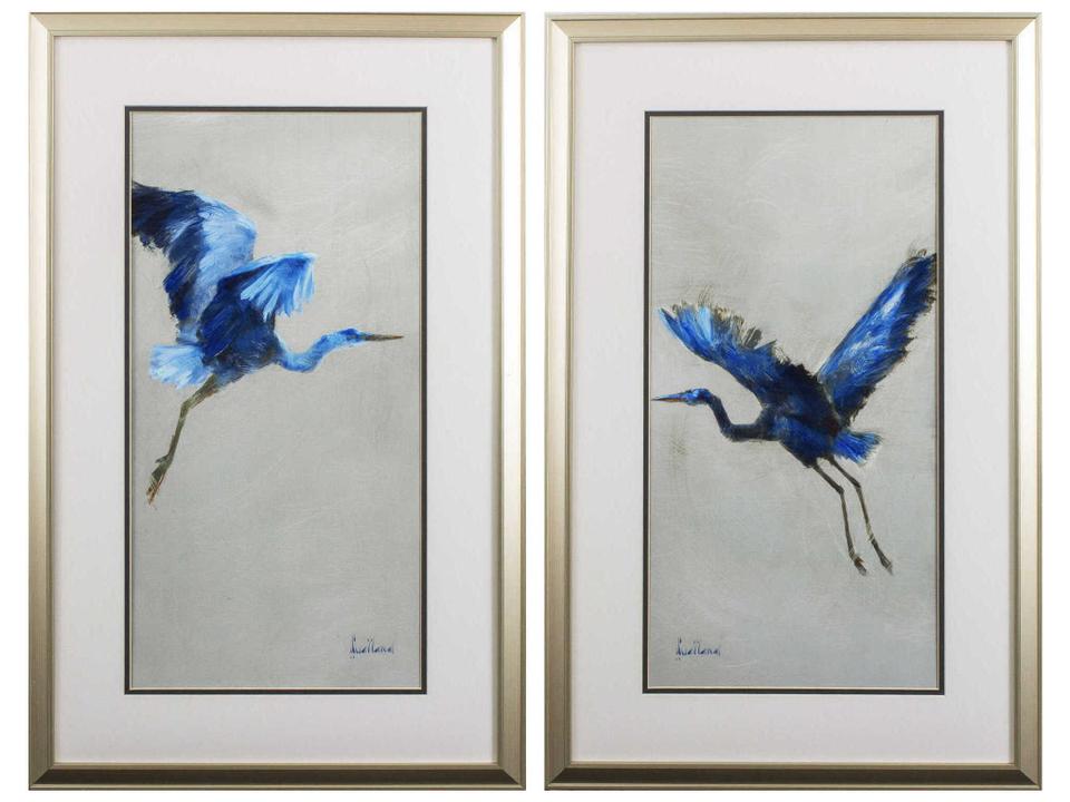 Florals Blue Heron 2-Piece Framed Wall Art Set in Champagne Gold