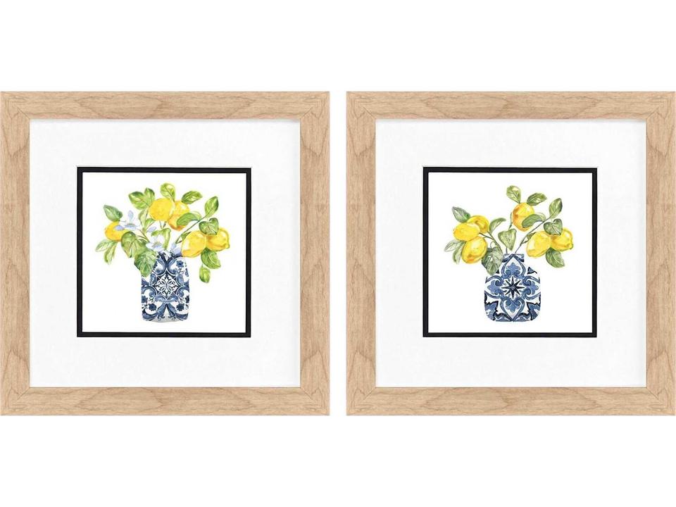 Culinary Lemon Life Framed Wall Art Set of 2 in Natural Wood