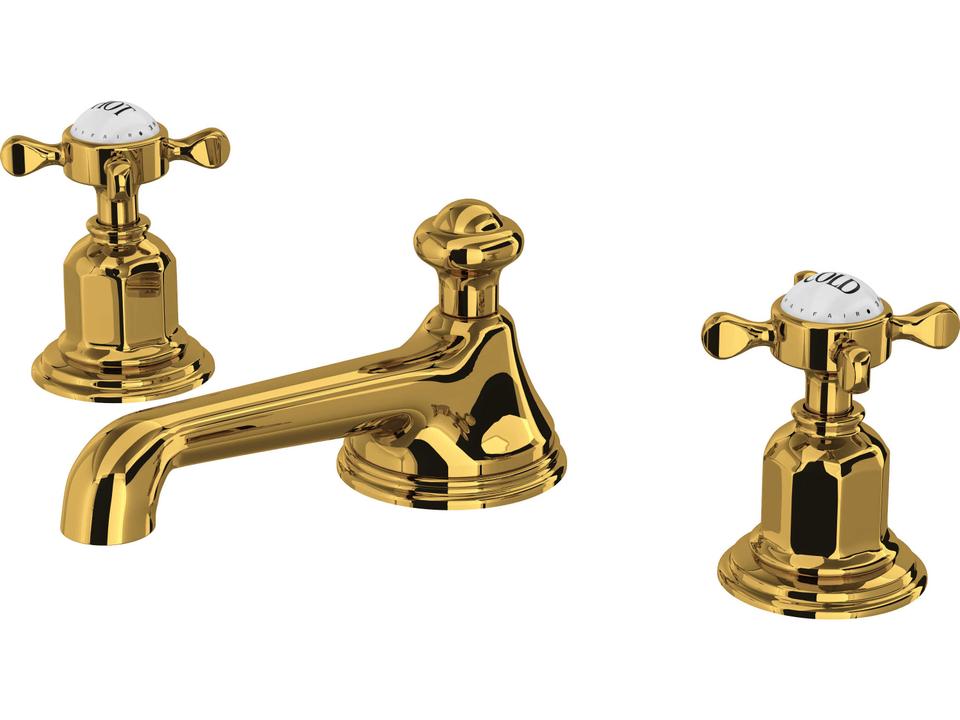Edwardian Widespread Lavatory Faucet with Low Spout in Unlacquered Brass