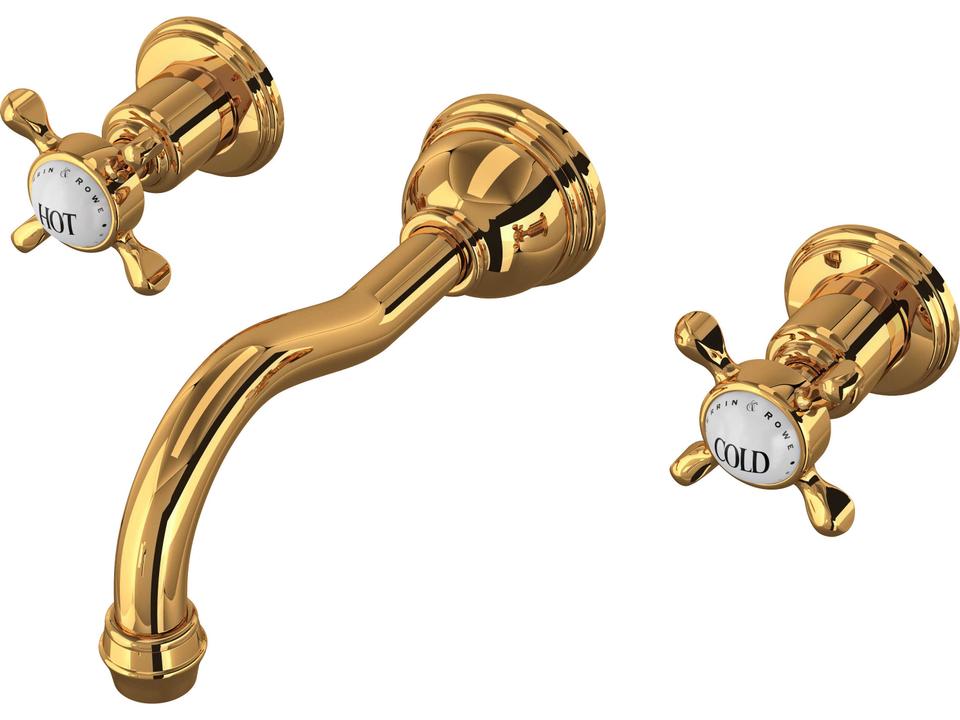 Edwardian Dual Handle Wall Mount Lavatory Faucet Column Spout English Gold