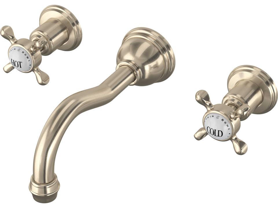 Edwardian Wall Mount Lavatory Faucet Trim with Column Spout in Satin Nickel