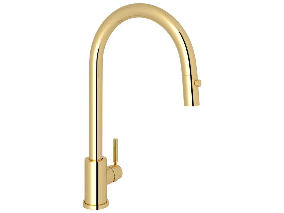 Holborn Pull-Down Kitchen Faucet with C-Spout in Unlacquered Brass