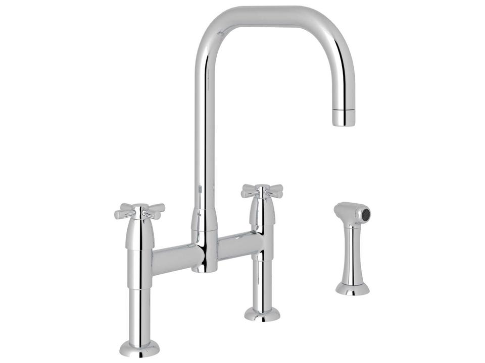 Holborn Bridge Kitchen Faucet with U Spout Cross Handles and Sidespray Polished Chrome