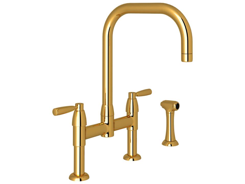 Holborn Unlacquered Brass Bridge Kitchen Faucet with U-Spout and Side Spray