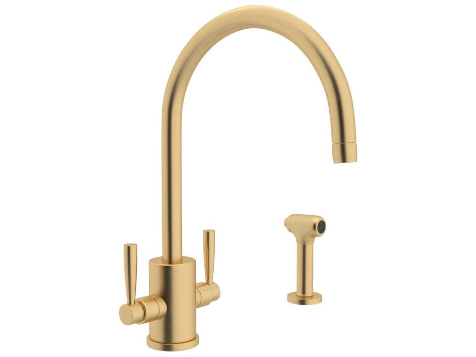 Holborn Two Handle Kitchen Faucet with C-Spout and Side Spray in Satin English Gold