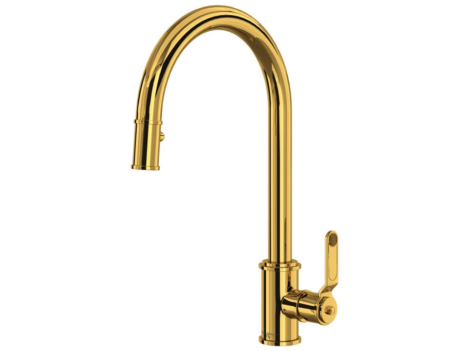 Armstrong Pull-Down Kitchen Faucet with C-Spout in Unlacquered Brass
