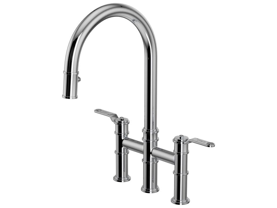Armstrong Polished Chrome Pull-Down Bridge Kitchen Faucet with C-Spout