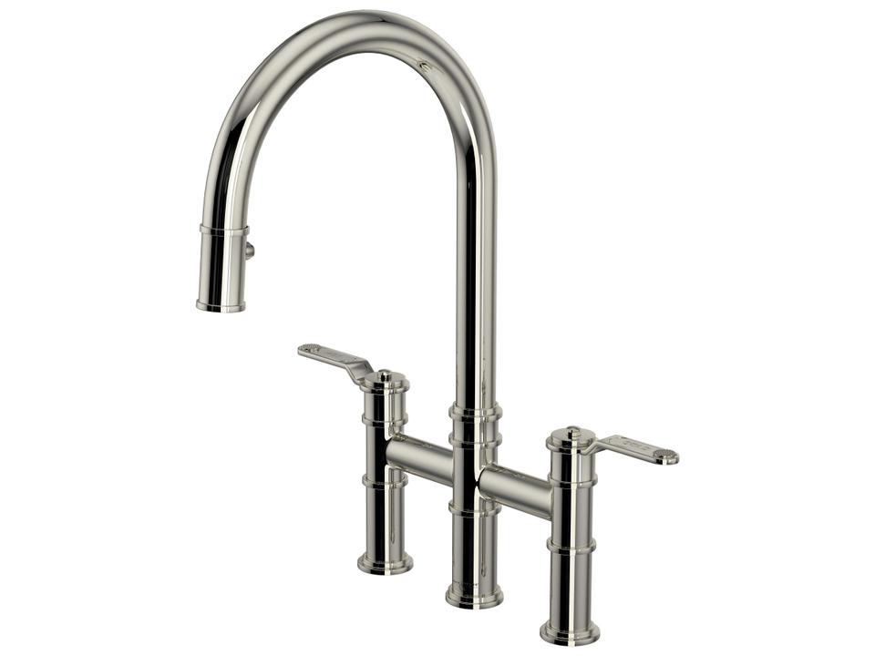 Armstrong Polished Nickel Pull-Down Bridge Kitchen Faucet with C-Spout