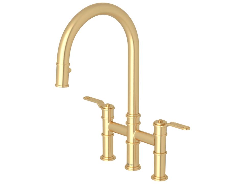 Armstrong Pull-Down Bridge Kitchen Faucet in Satin English Gold