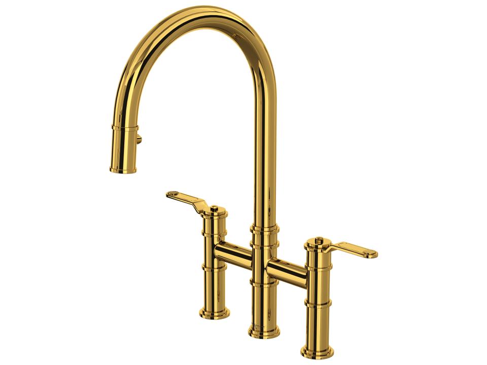 Armstrong Pull-Down Bridge Kitchen Faucet with C-Spout in Unlacquered Brass