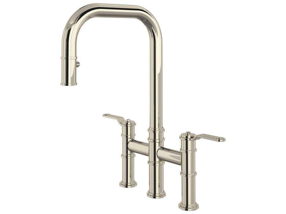 Armstrong Polished Nickel Pull-Down Bridge Kitchen Faucet with U-Spout