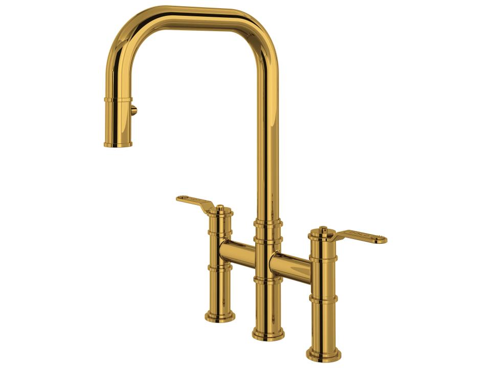 Armstrong Pull-Down Bridge Kitchen Faucet with U-Spout in Unlacquered Brass