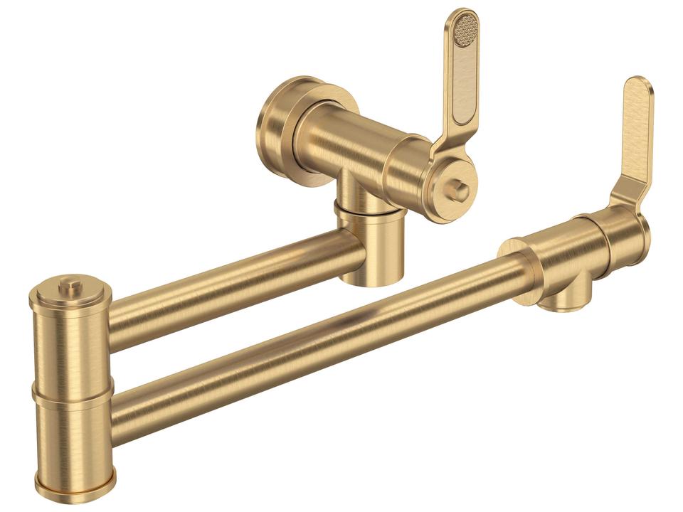 Armstrong Wall Mount Pot Filler with Dual Lever Handles in Satin English Gold