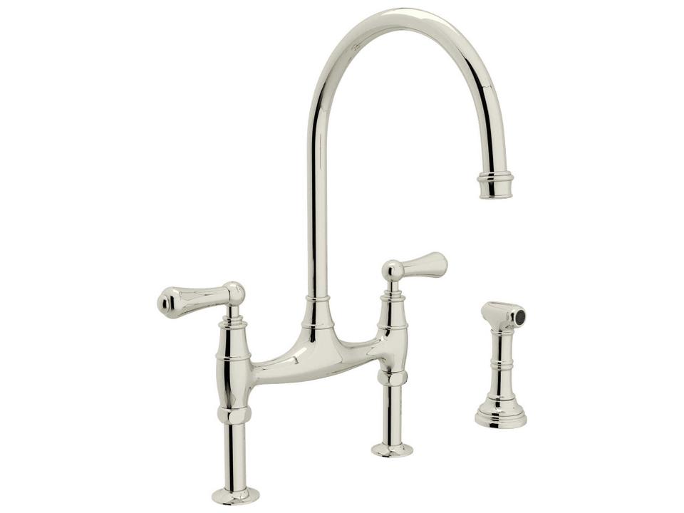 Georgian Era Bridge Kitchen Faucet with Side Spray in Polished Nickel