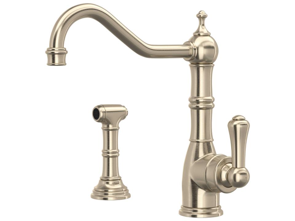 Edwardian Single Lever Kitchen Faucet with Side Spray in Satin Nickel