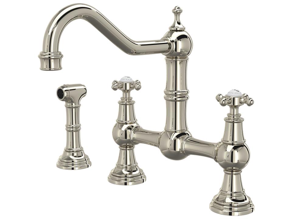 Edwardian Polished Nickel Bridge Kitchen Faucet with Sidespray Cross Handles